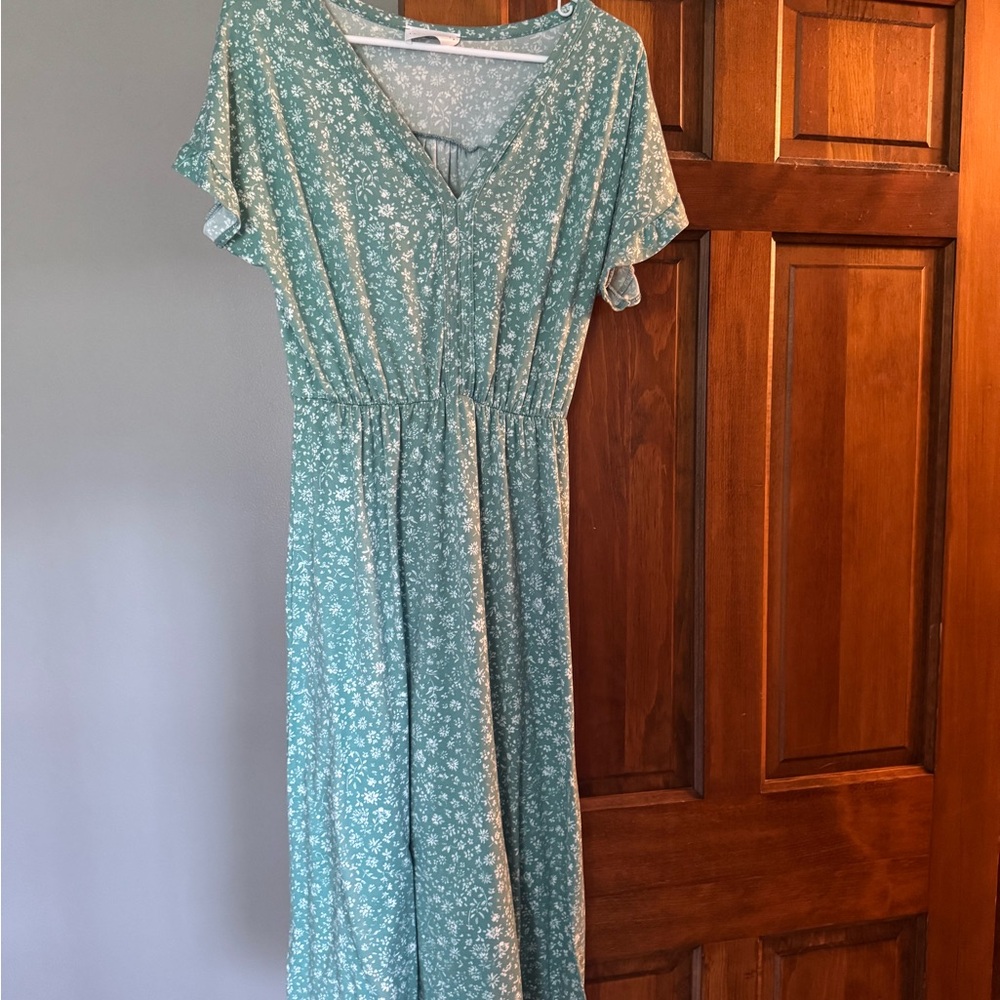French Grey Teal Floral Midi Dress